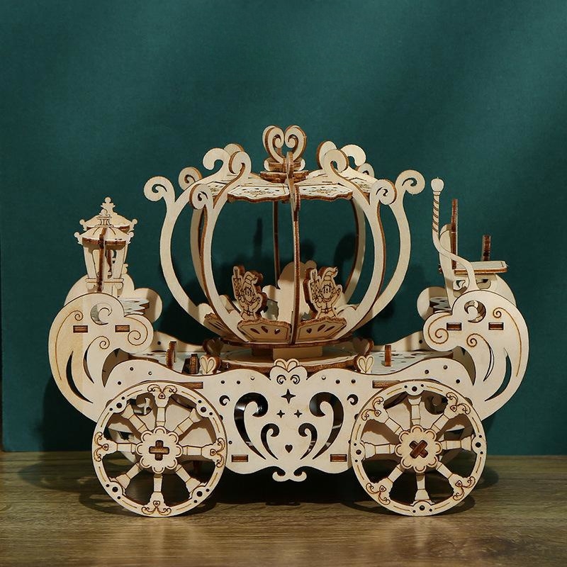 A carriage assembled with wooden puzzles