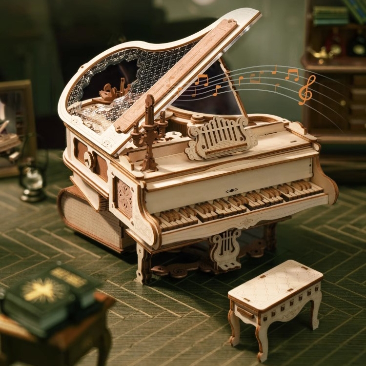 A piano pieced together with wooden puzzles